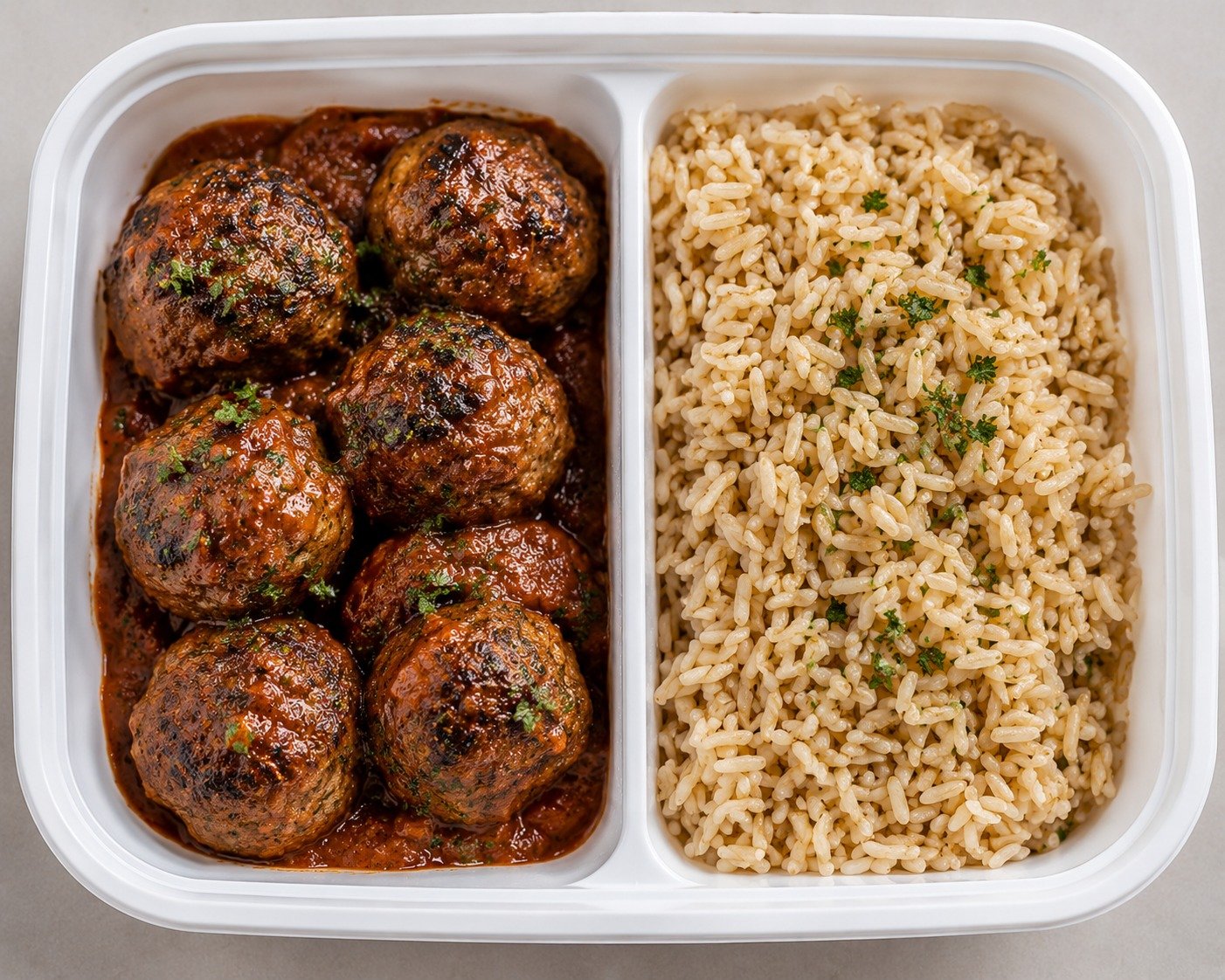 Home Style Beef Meatballs with Fluffy Brown Rice