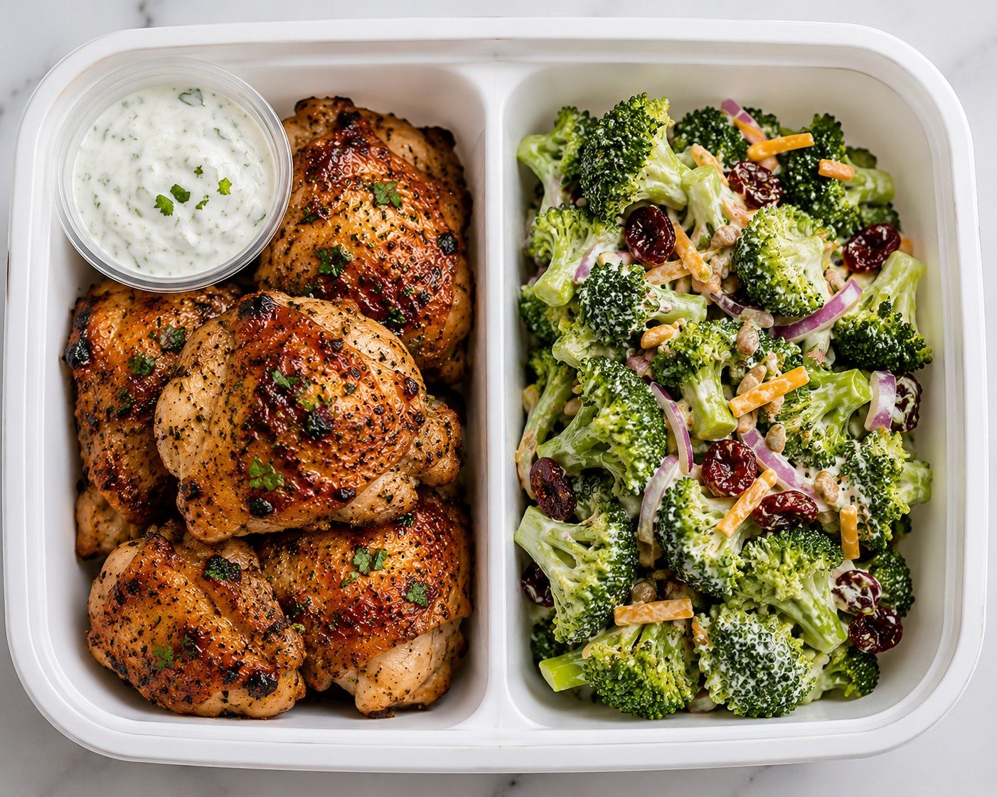 Oven Roasted Chicken Thighs with Yogurt Sauce & Broccoli Salad
